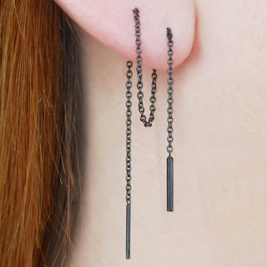 Oxidised Sterling Silver Long Drop Chain Threader Earrings