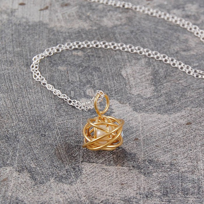 Caged Pearl Gold Sterling Silver Knot Necklace in White - Otis Jaxon Silver Jewellery