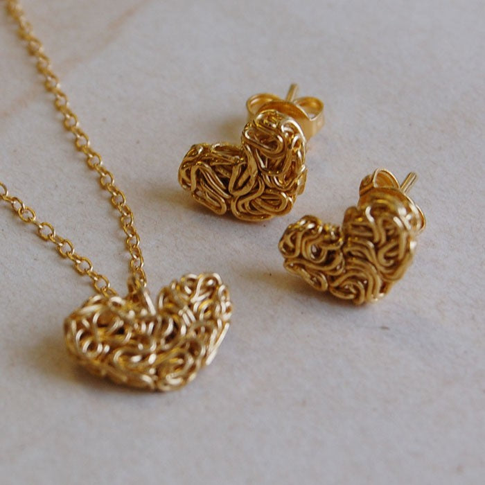 Mesh Heart Gold Stud Earrings and Pendant Necklace Jewellery Set - Otis Jaxon Silver Jewellery