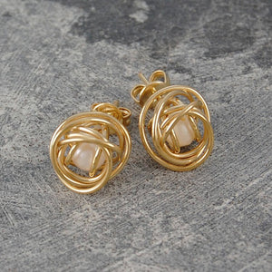 Caged Pearl Gold Knot Earrings with White Pearl- Otis Jaxon Silver Jewellery