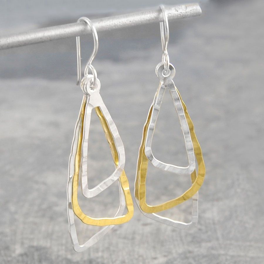 Sterling Silver Gold Plated Triangle Hoop Drop Earrings - Gold
