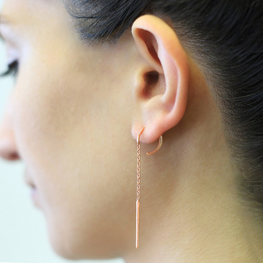 Oxidised Rose Gold Chain Long Drop Threader Earrings
