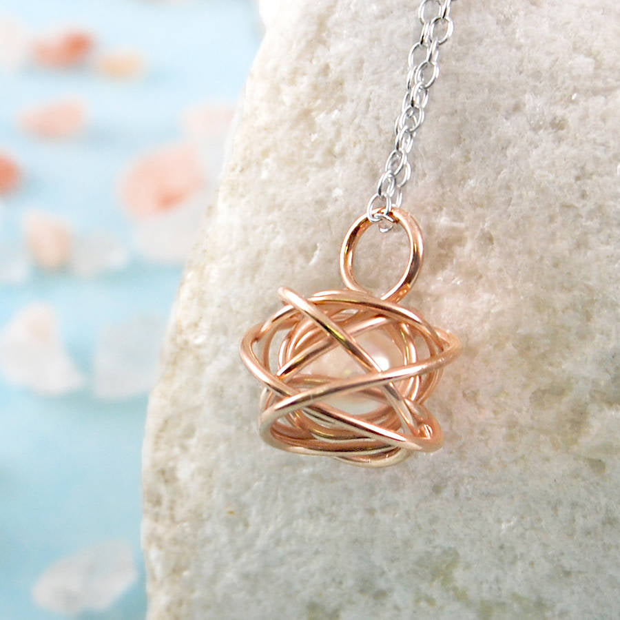 Rose Gold Sterling Silver Caged Freshwater Pearl Pendant Necklace