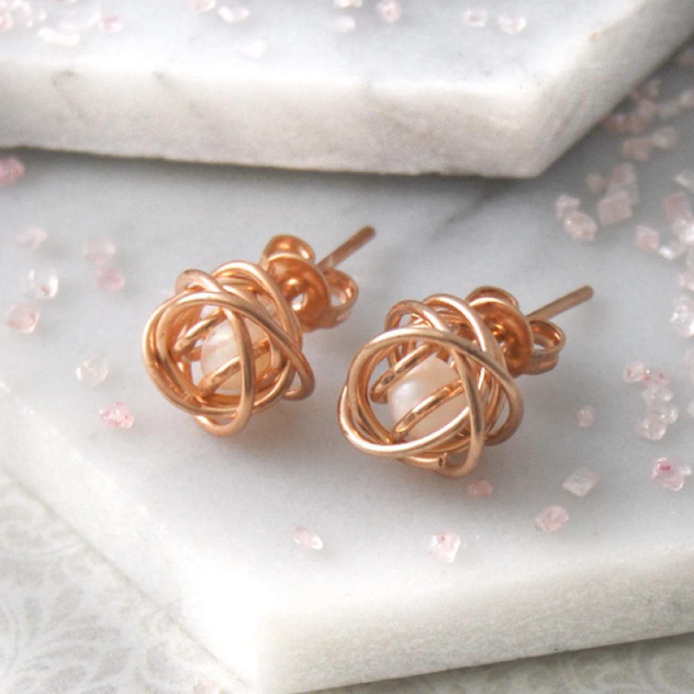 Caged Pearl Gold Knot Earrings in White - Otis Jaxon Silver Jewellery