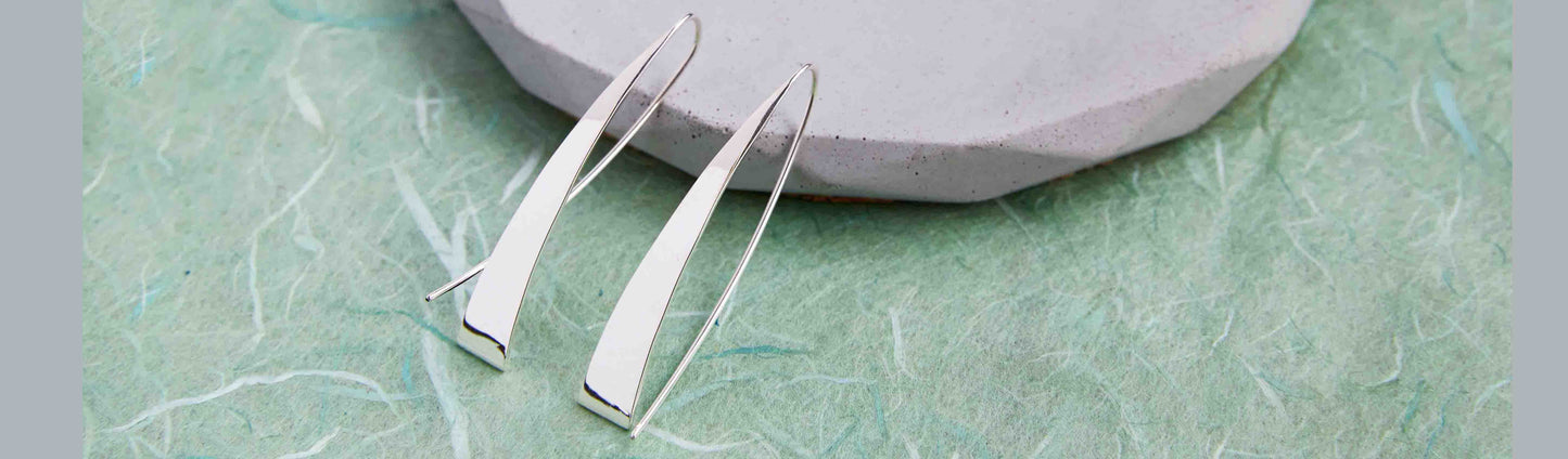 Long elliptical silver earrings against a green background