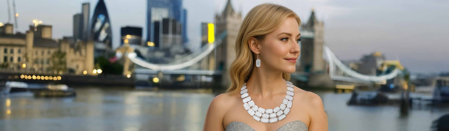 Model wearing statement silver necklace and drop earrings from Otis Jaxon’s Lux Collection, photographed by Tower Bridge in London.