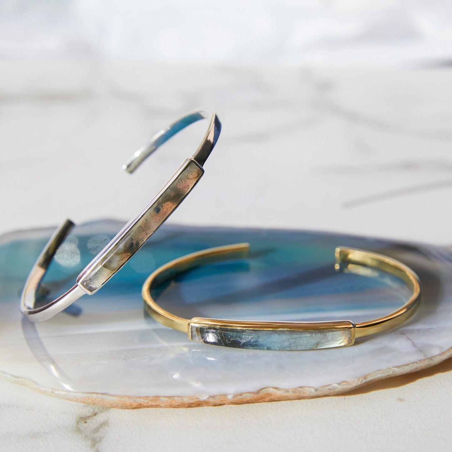 Labradorite 18kt Gold plated Silver and Sterling Silver  Adjustable Bangle