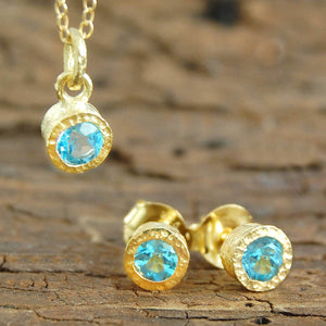 Blue Topaz November Birthstone 18kt Gold Plated Sterling Silver Jewellery Set