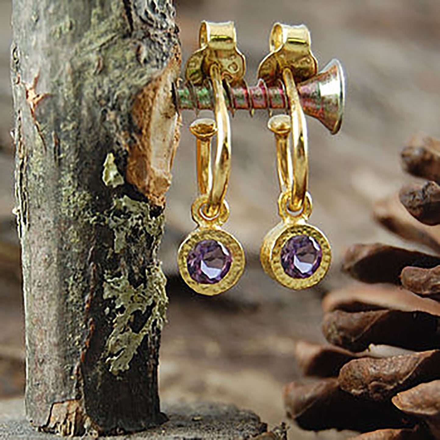 Amethyst February Birthstone 18kt Gold plated Silver Huggie Hoop Earrings
