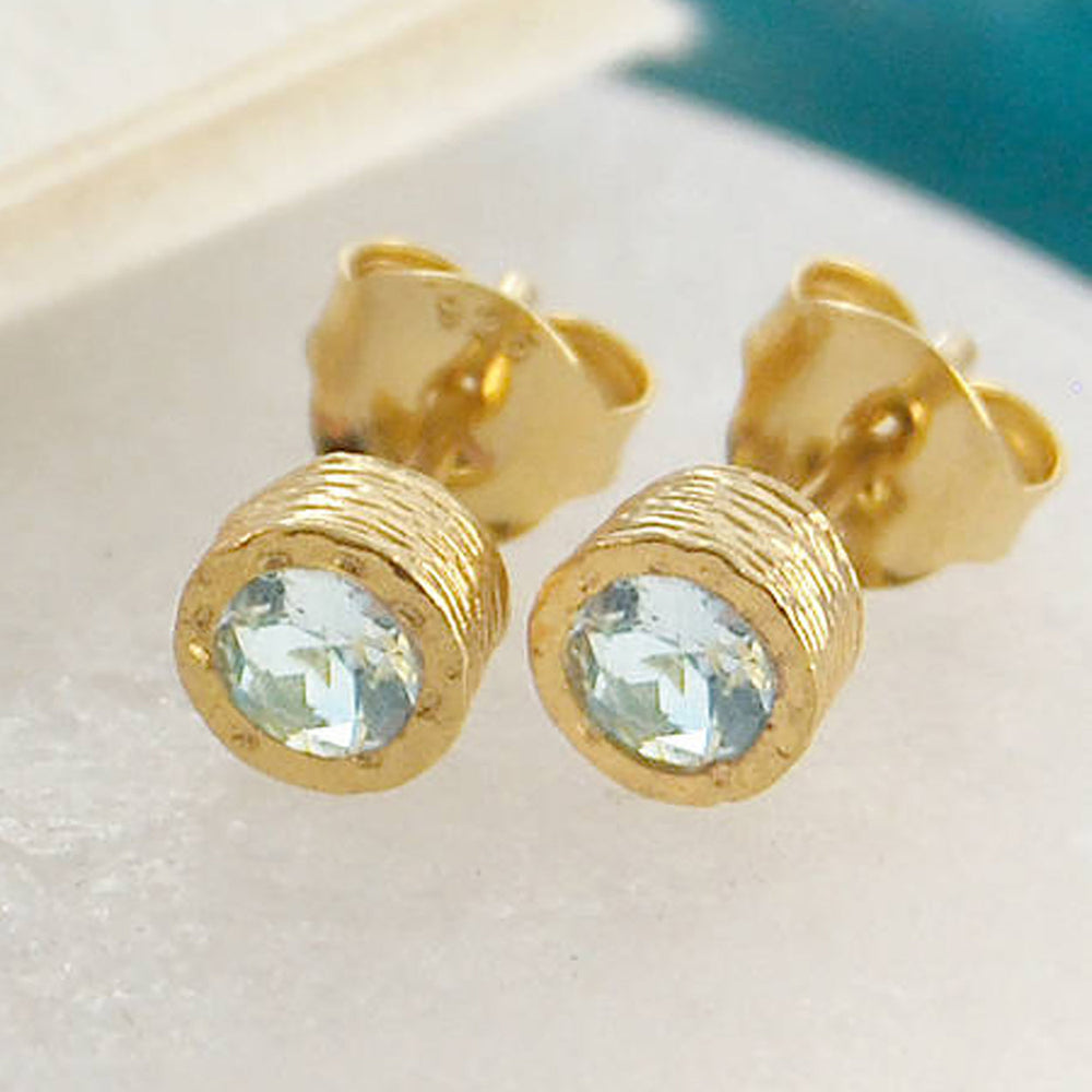 Aquamarine March Birthstone Gold Plated Sterling Silver Stud Earrings