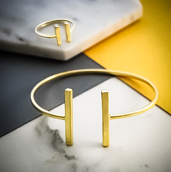 Gold Plated Silver Modern Minimalist Two Bar Bangle and Ring Jewellery Set