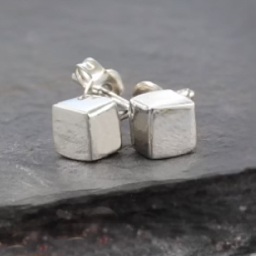 Cube Tiny Sterling Silver Stud Earrings