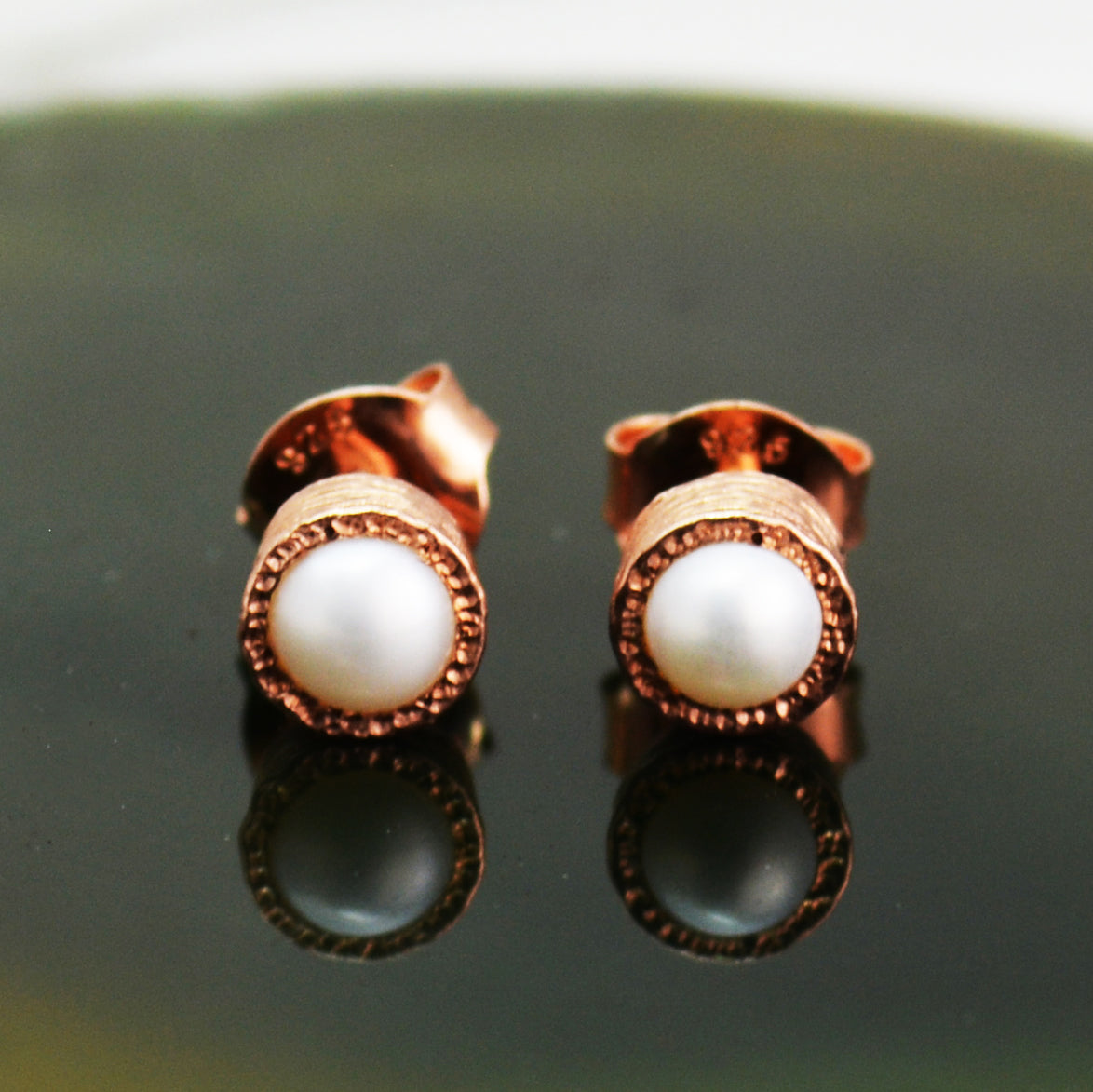 Freshwater White Pearl Rose Gold June Birthstone Stud Earrings