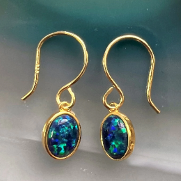 Natural Black Opal Gold plated Silver October Birthstone Drop Earrings