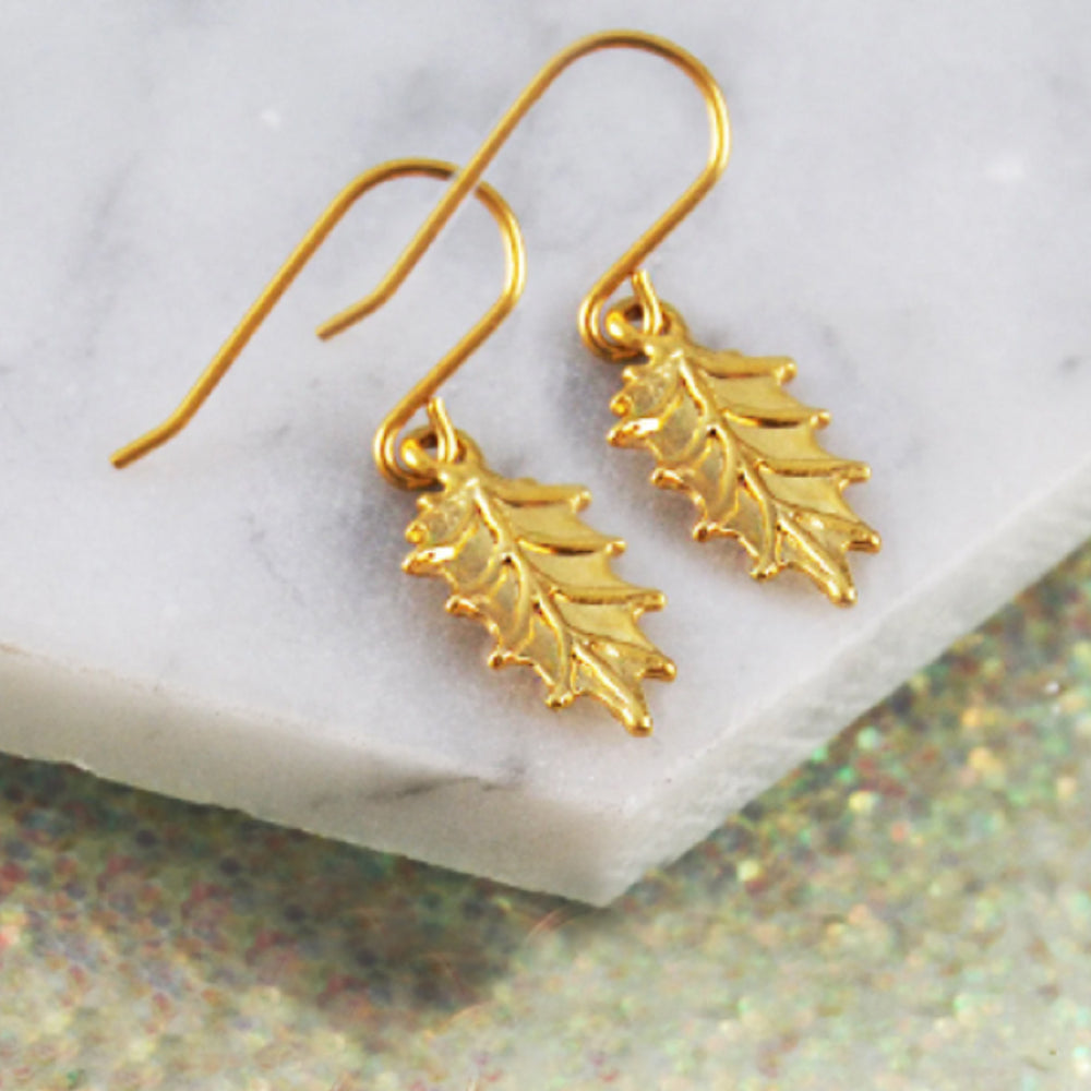 Holly Leaf Gold Plated Sterling Silver Christmas Drop Dangle Earrings