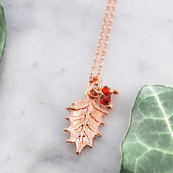 Holly Leaf Rose Gold Garnet Pendant Necklace