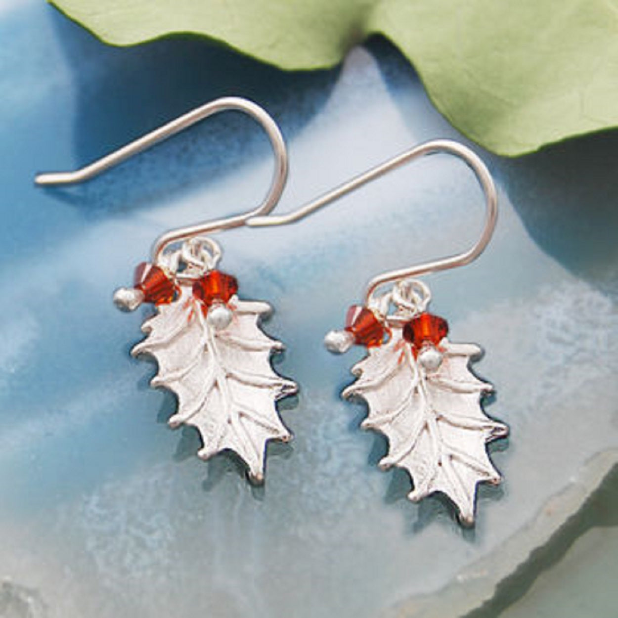 Holly Leaf  Silver Garnet Drop Earrings