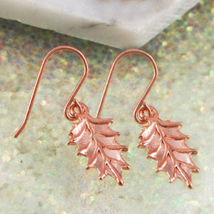 Holly Leaf Rose Gold Plated Sterling Silver Christmas Drop Dangle Earrings