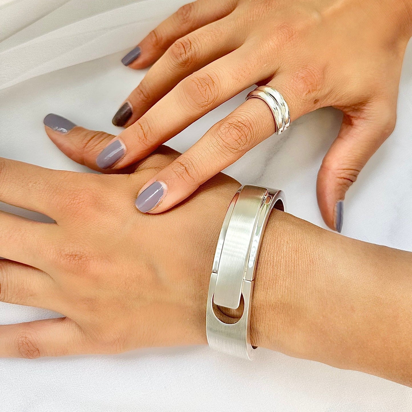 Art Deco Sterling Silver Matt Satin Hinged Bangle