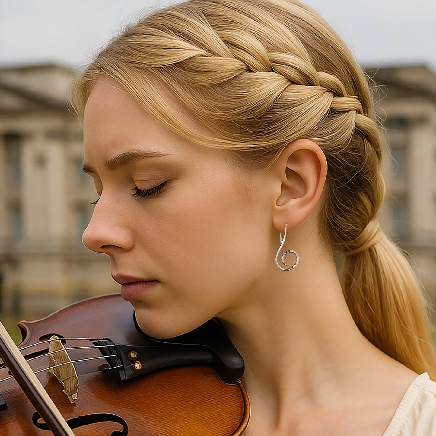 Woman with braided hair holding a violin outdoors and wearing silver earrings which resemble a musical note