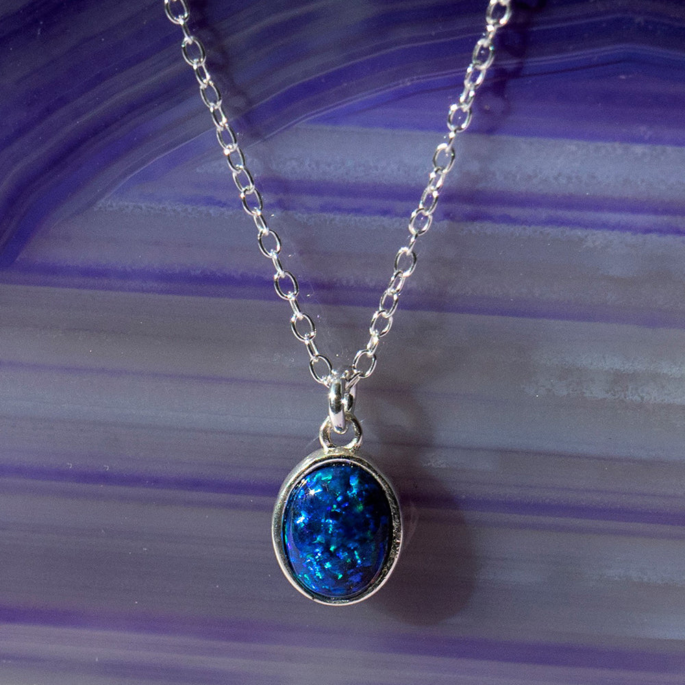 Natural Black Opal Silver Birthstone Necklace