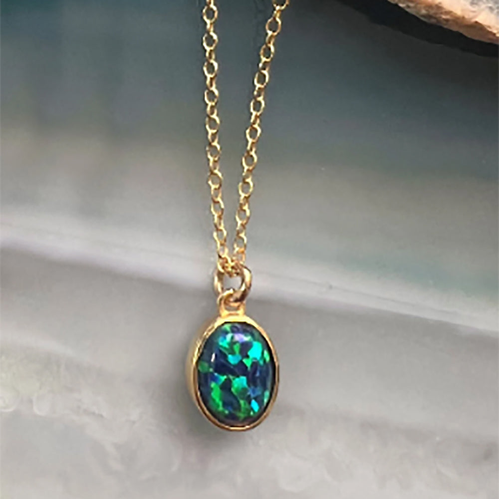 Black Opal  October Birthstone Gold plated Silver Pendant Necklace