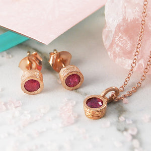 Pink Ruby Rose Gold plated Silver July Birthstone Pendant Necklace and stud earrings jewellery set