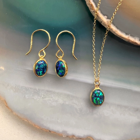 Natural Black Opal Gold p;lated Silver October Birthstone Drop Earrings and Necklace Jewellery Set