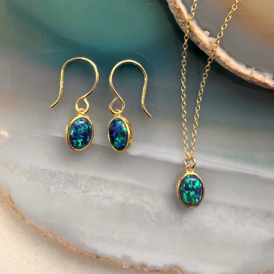 Natural Black Opal October Birthstone Gold plated Silver Stud Earrings and Necklace Jewellery Set