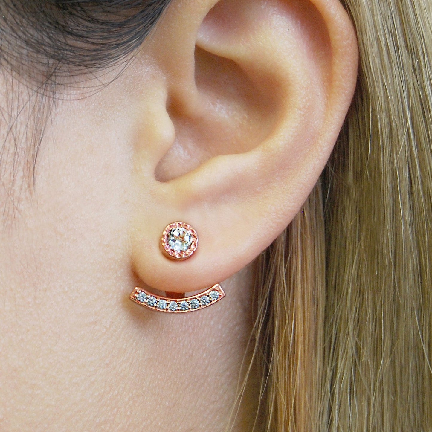 Rose Gold Topaz Birthstone Ear Jacket Stud Earrings