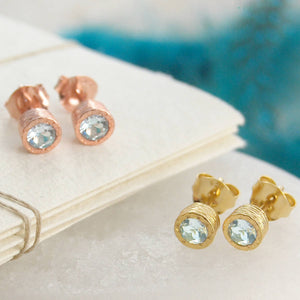 Aquamarine March Birthstone Gold plated Silver Stud Earrings