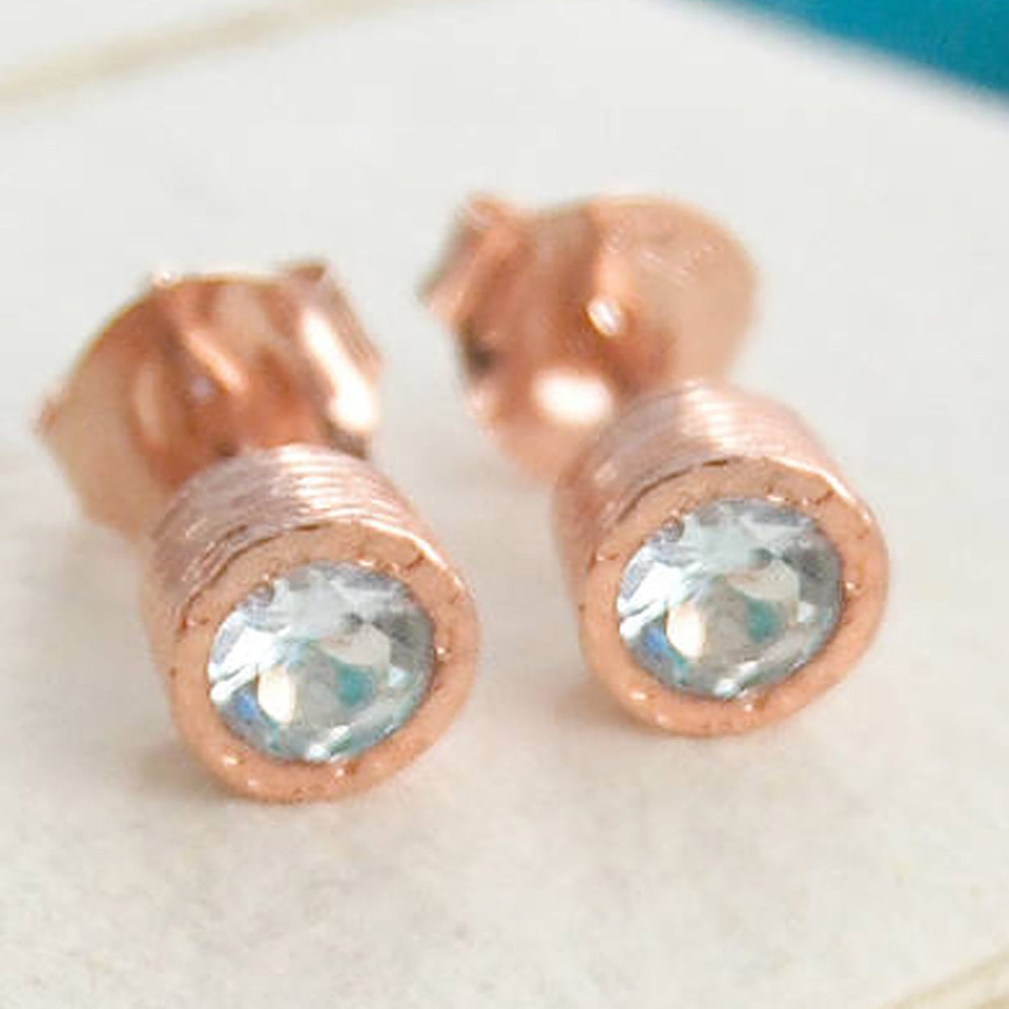 Aquamarine March Birthstone 18kt Rose Gold plated Silver Stud Earrings