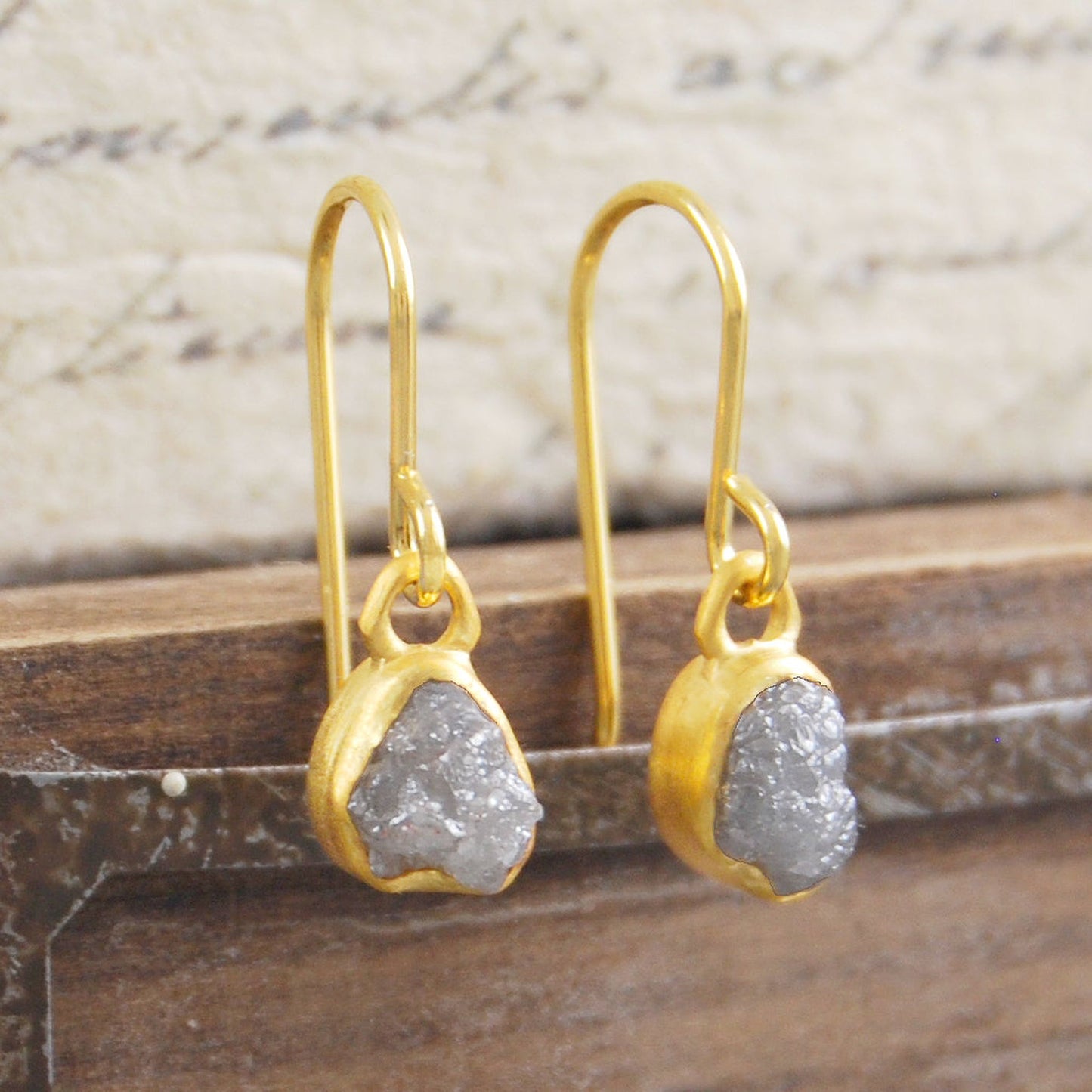 Rough Diamond April Birthstone 18kt Gold Plated Sterling Silver Drop Earrings