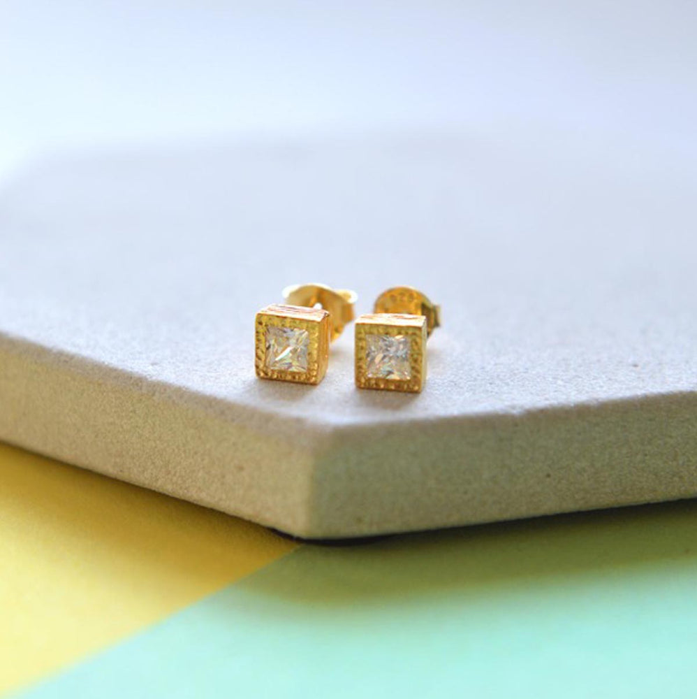 Gold Square Gemstone Stud Earrings