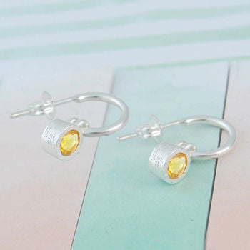 Citrine November Birthstone Sterling Silver Huggie Hoop Earrings