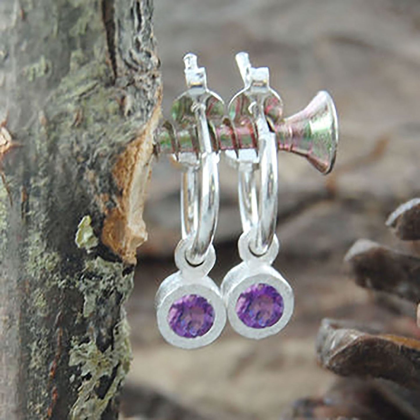 Amethyst February Birthstone Sterling Silver Huggie Hoop Earrings