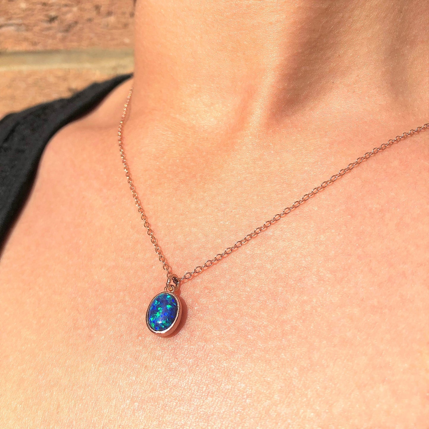 Natural Black Opal October Birthstone Rose Gold plated silver Necklace