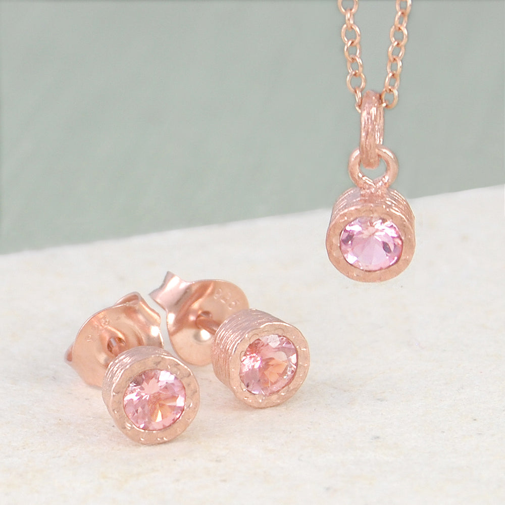 Tourmaline October Birthstone Rose Gold plated Silver Stud Earrings and Necklace Jewellery Set