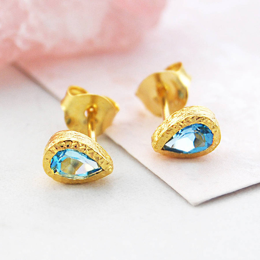 Blue Topaz Teardrop 18kt Gold plated Silver November Birthstone Stud Earrings