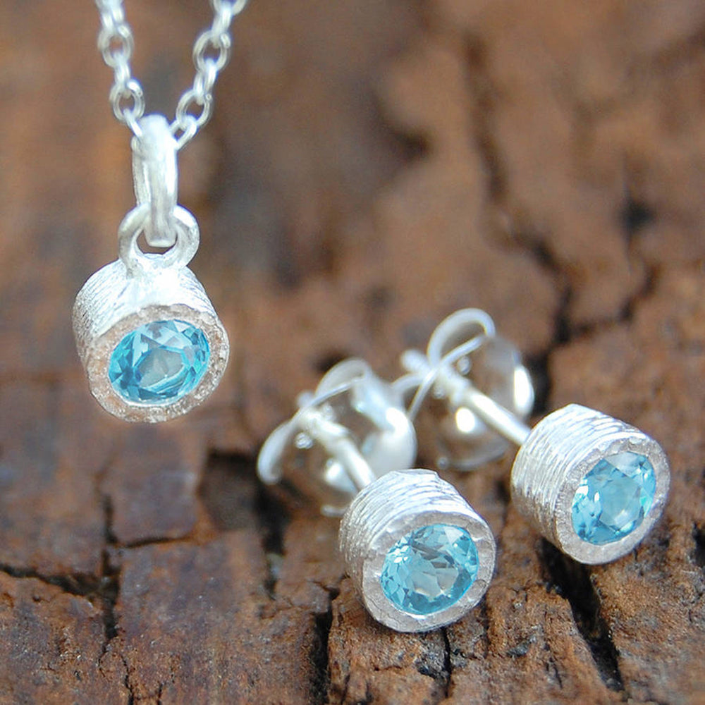 Blue Topaz Sterling Silver November Birthstone Stud Earrings and Necklace Jewellery Set