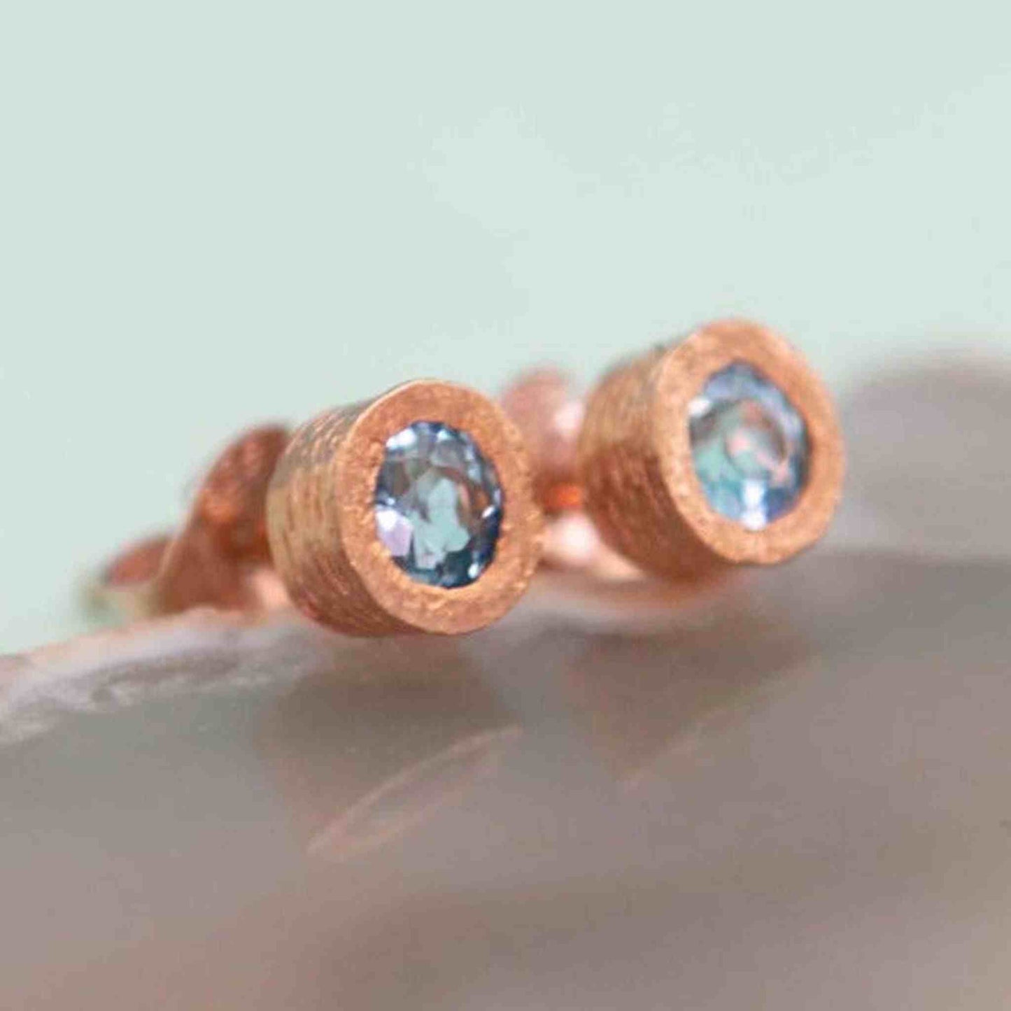 Blue Topaz Rose Gold plated Silver November Birthstone Srud Earrings