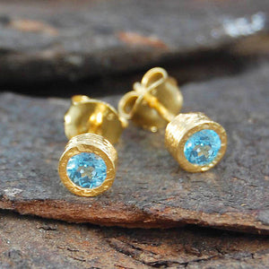Blue Topaz Gold plated Silver November Birthstone Stud Earrings