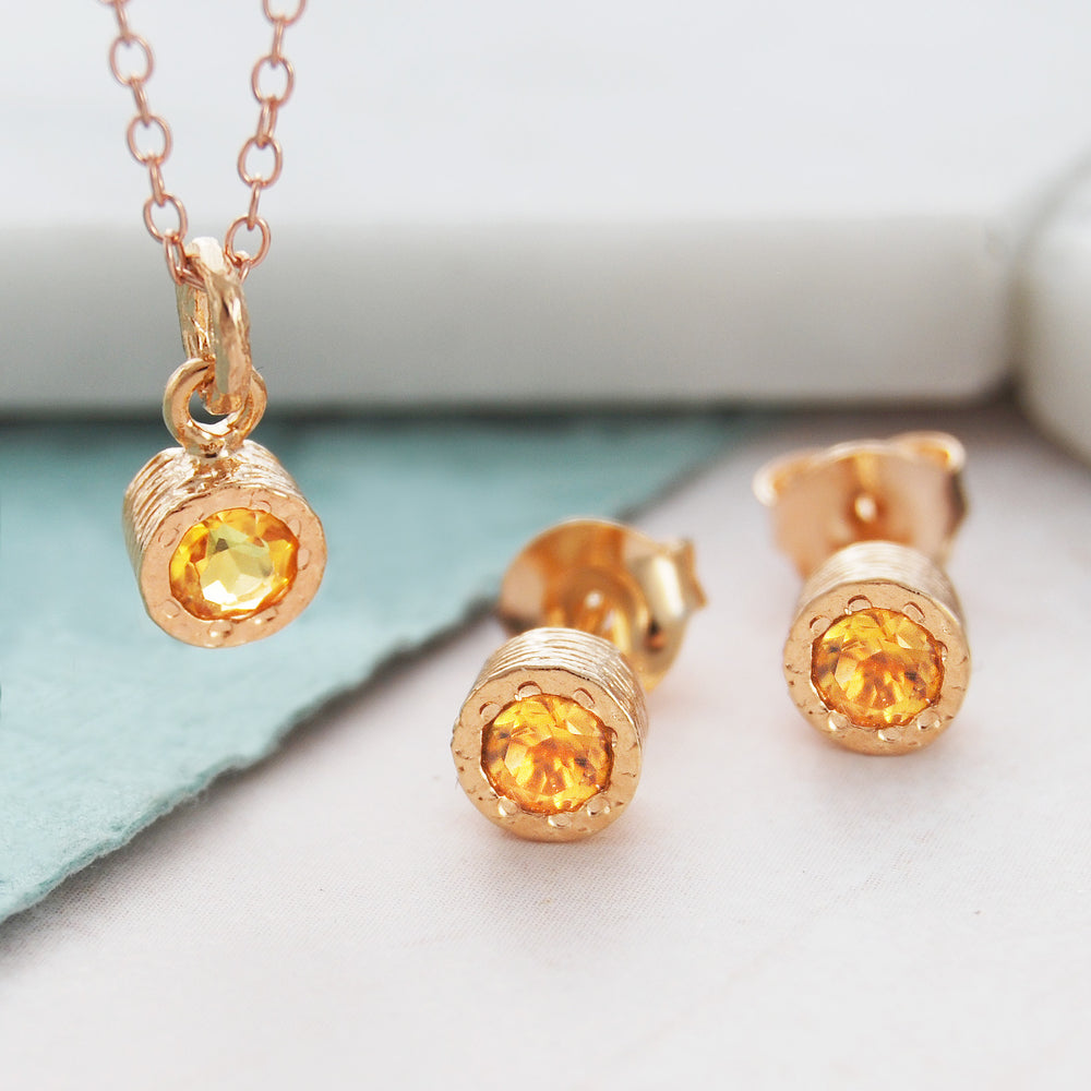Citrine Rose Gold plated Silver November Birthstone Pendant Necklace and Stud Earrings Jewellery Set