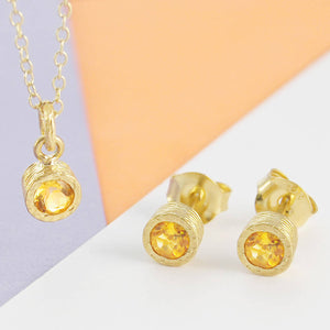 Citrine  Gold plated Silver November Birthstone Pendant Necklace and Stud Earrings Jewellery Set