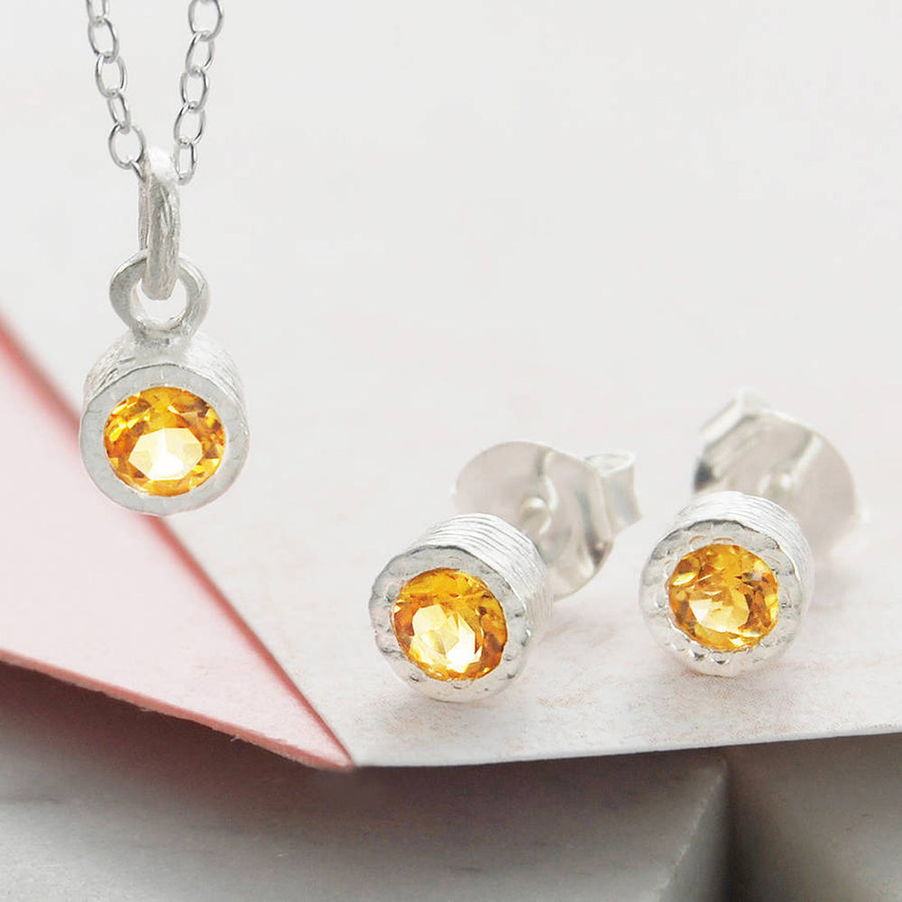 Citrine Sterling Silver November Birthstone Pendant Necklace and Stud Earrings Jewellery Set