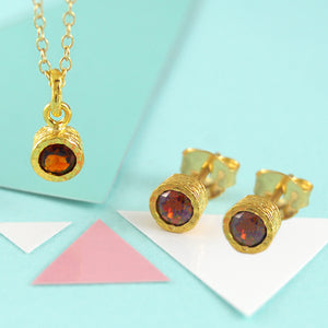 Garnet January Birthstone Gold plated Silver Stud Earrings and Necklace Jewellery Set
