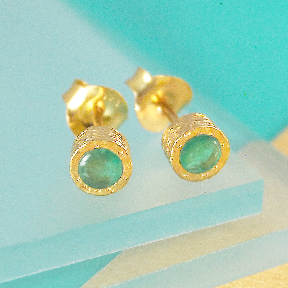Emerald May Birthstone Gold plated Silver Stud Earrings