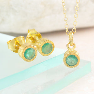 Emerald May Birthstone Gold plated Silver Stud Earrings and Necklace Jewellery Set