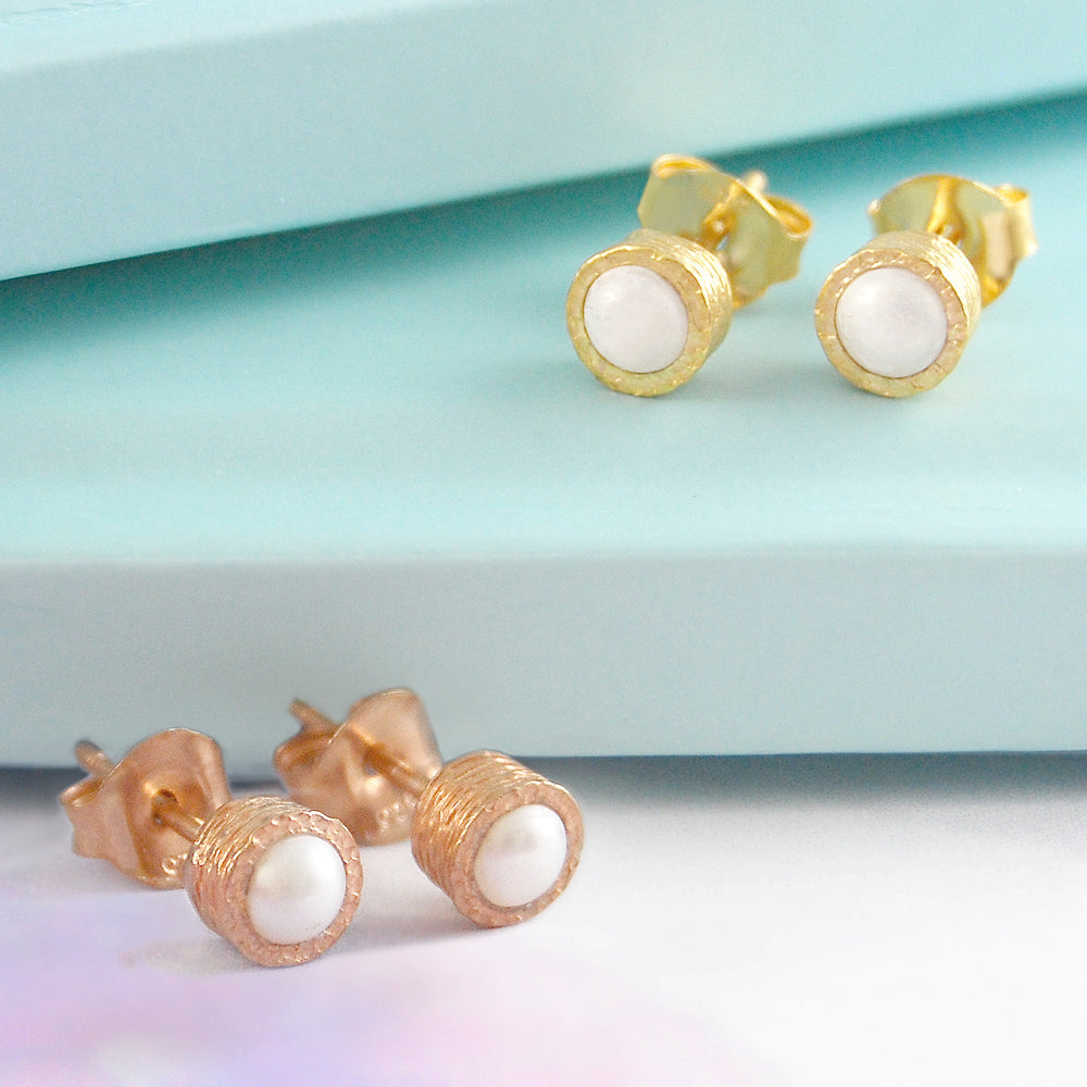 18kt Gold and Rose Gold plated Silver Pearl Stud Earrings