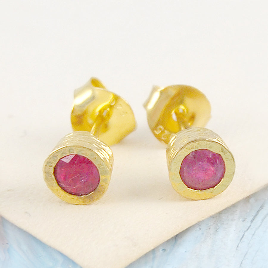 Pink Ruby Gold plated Silver July Birthstone Stud Earrings